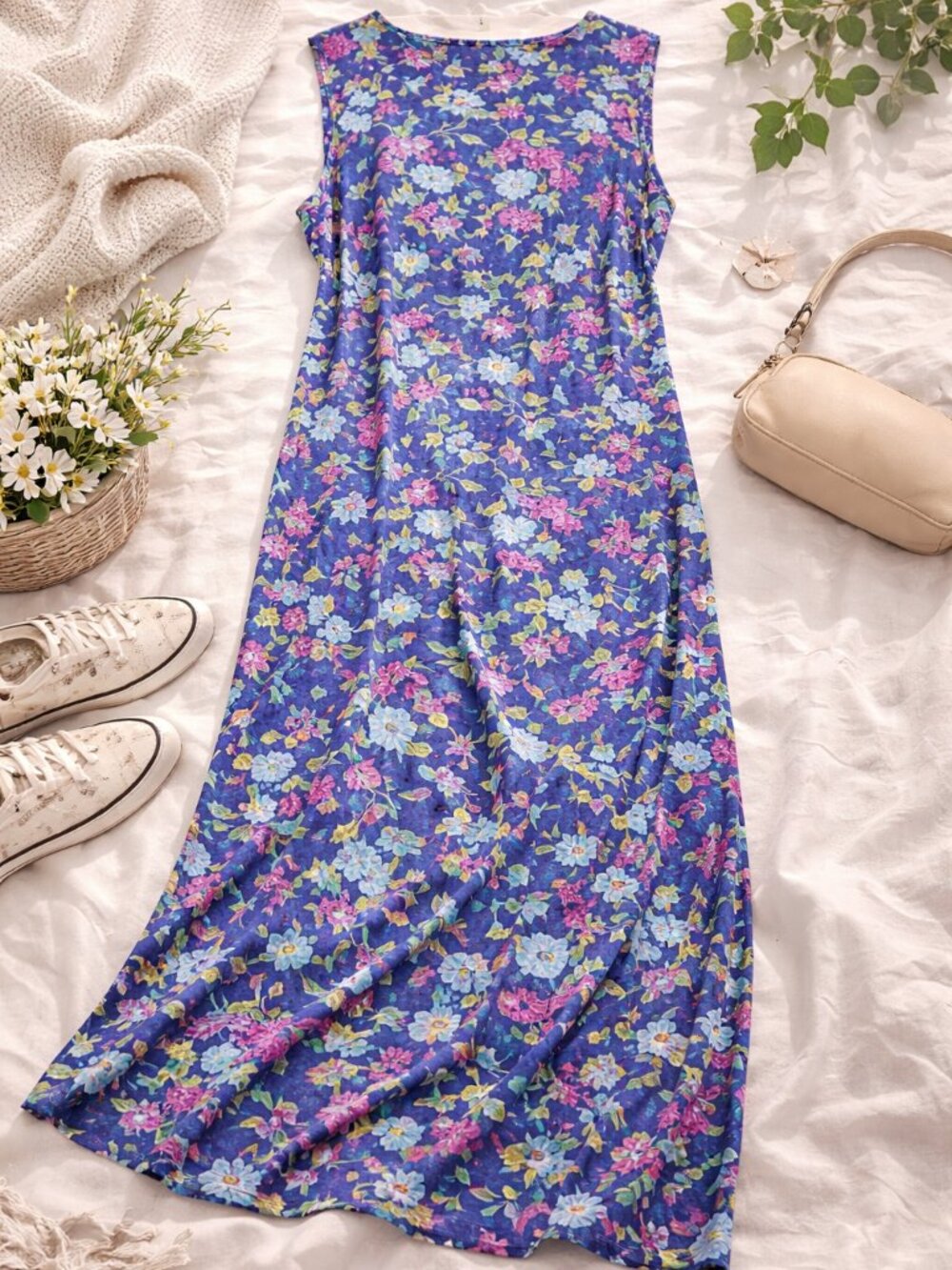 Just My Size Floral Sleeveless Midi Dress 20W 100% Rayon Purple Print